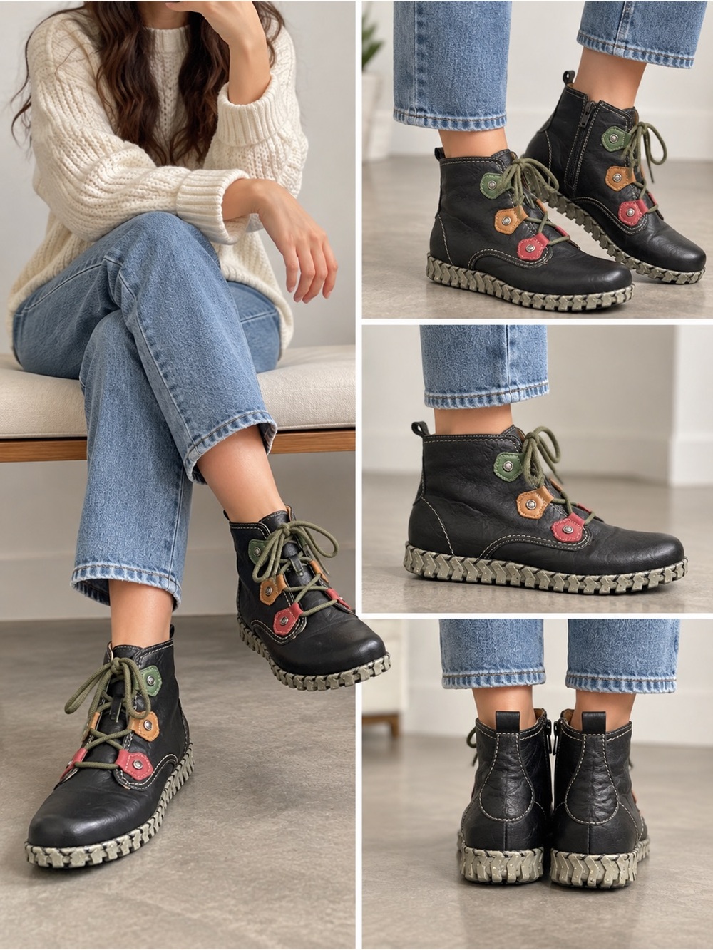Biza Genuine Leather Ankle Boots Black Lace Up Colorful Detail Size 41 us-10
